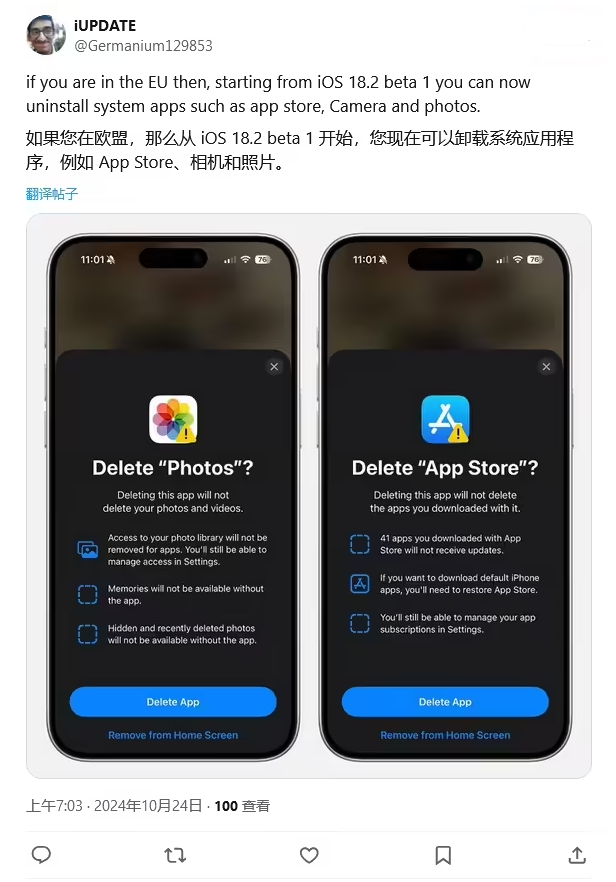 南谯苹果手机维修分享iOS 18.2 支持删除 App Store 应用商店 