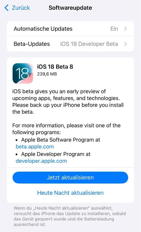 南谯苹果手机维修分享苹果 iOS / iPadOS 18 开发者预览版 Beta 8 发布 